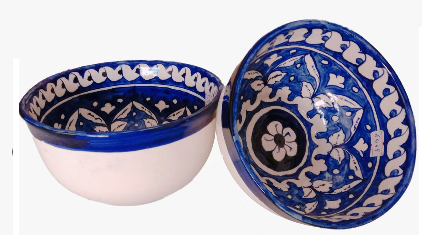 Mediterranean Blue & White Hand-Painted Ceramic Bowls (Set of 2)
