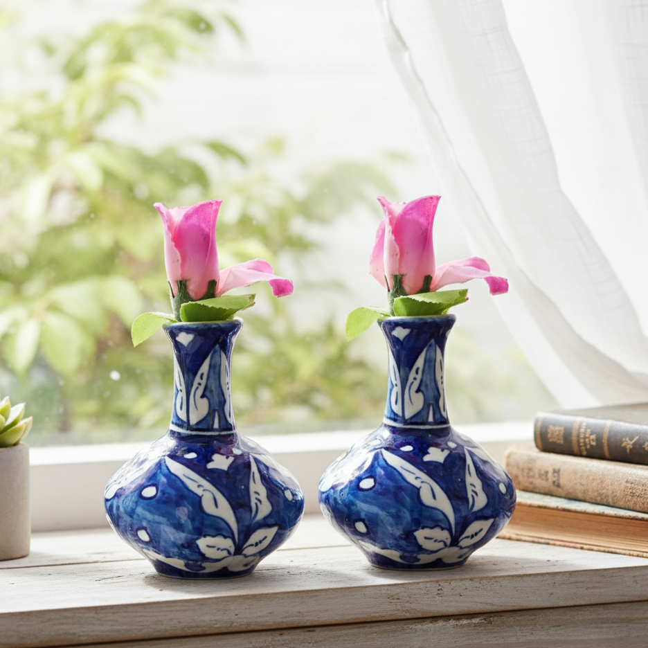 Mini Hand-Painted Blue Ceramic Vases (Set of 2)