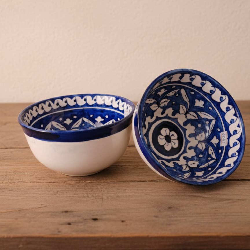 Mediterranean Blue & White Hand-Painted Ceramic Bowls (Set of 2)