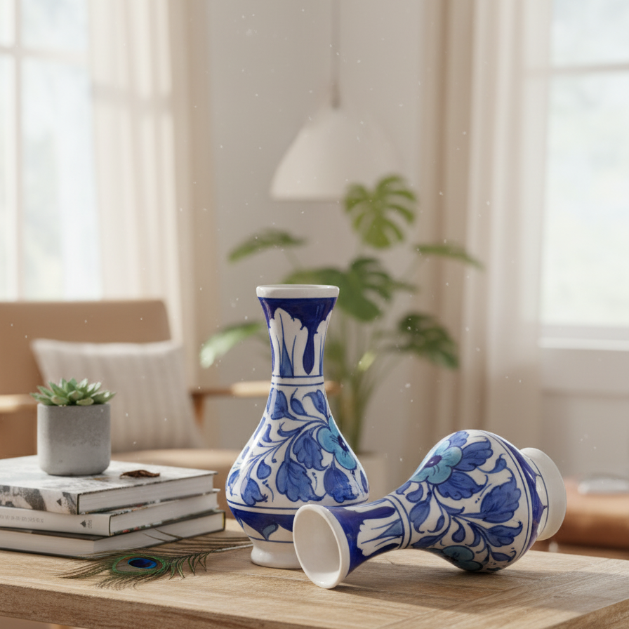 Medium Blue & White Ceramic Vases (Set of 2) - Handcrafted Home Décor