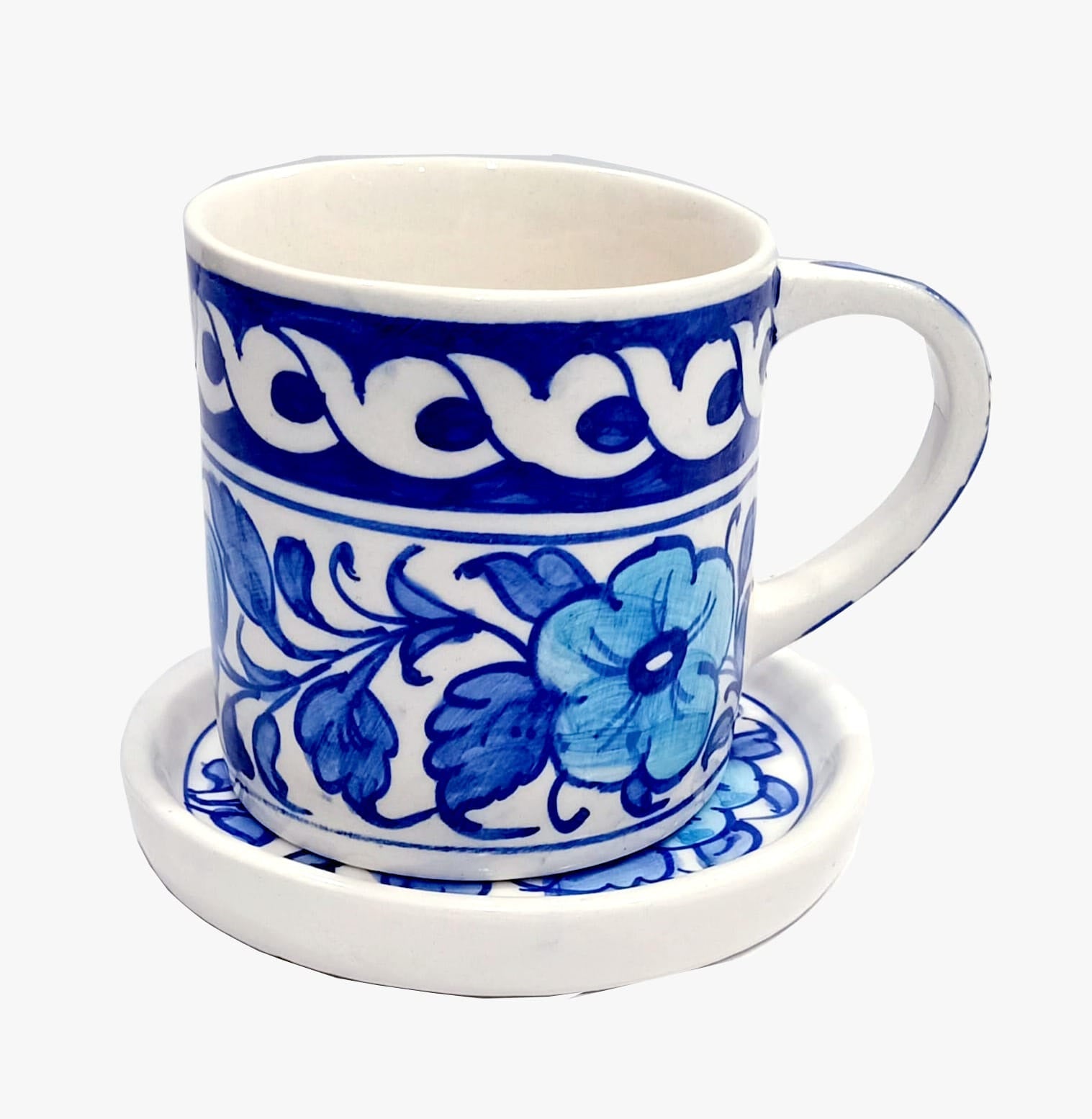 Hand-Painted Blue Floral Ceramic Mug & Saucer Set