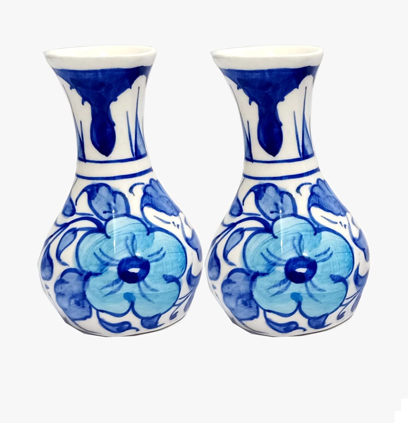 Hand-Painted Blue Floral Ceramic Bud Vases - Set of 2