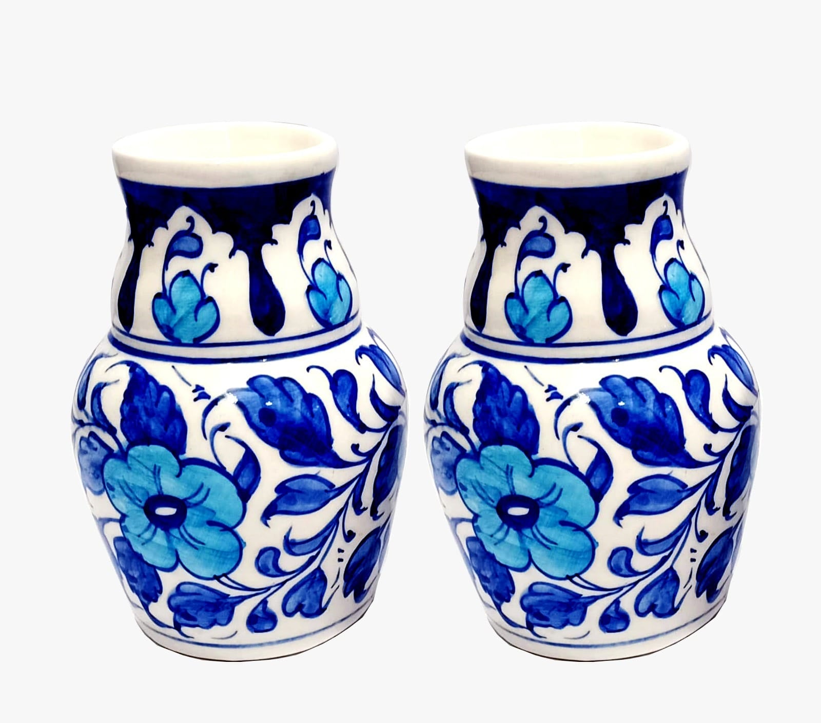Hand-Painted Blue Floral Ceramic Planter Set of 2