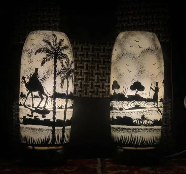 Pair of 2 Glass Shape Desert Design Camel Skin Lamp 8-inch