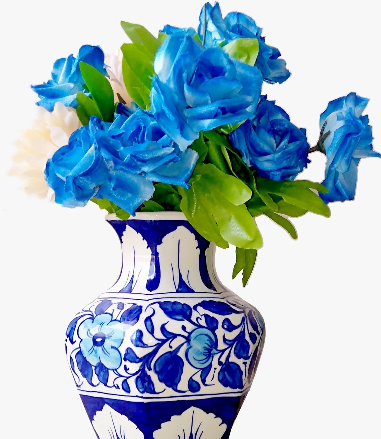 Hand-Painted Blue & White Ceramic Floral Vase - Home Décor