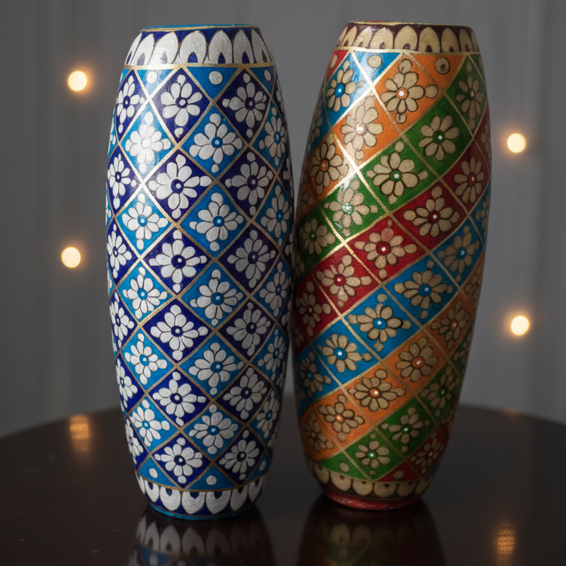 Pair of 2 Bottle Shape Sindhi Culture Design Camel Skin Lamp 16-inch