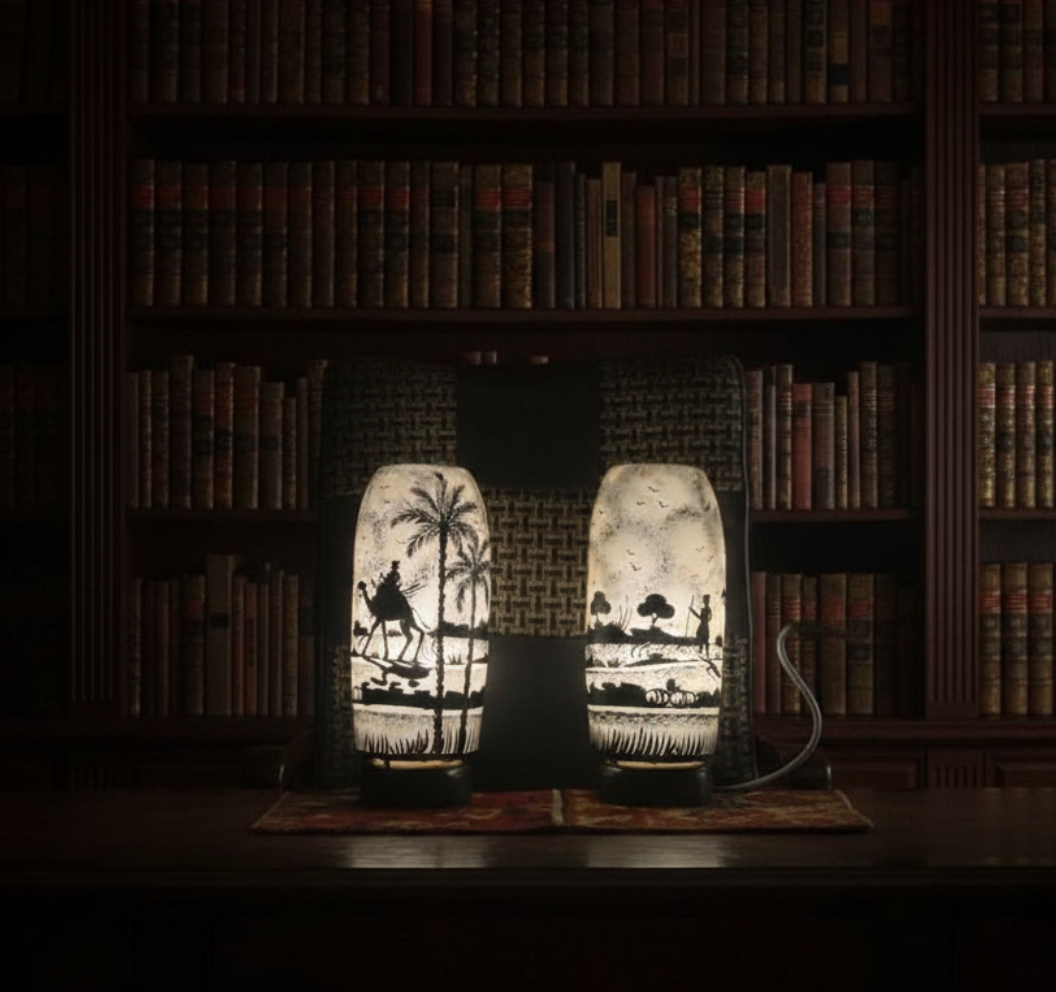 Pair of 2 Bottle Shape Desert Design Camel Skin Lamp 8-inch