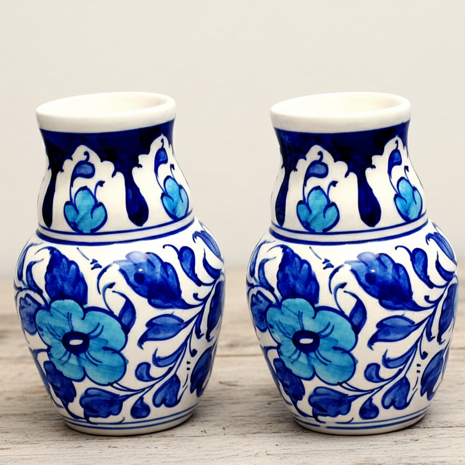 Hand-Painted Blue Floral Ceramic Planter Set of 2