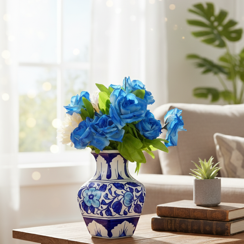 Hand-Painted Blue & White Ceramic Floral Vase - Home Décor