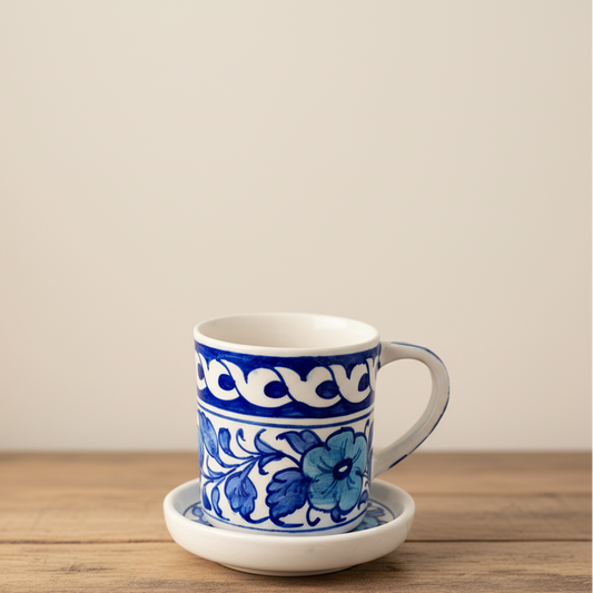 Hand-Painted Blue Floral Ceramic Mug & Saucer Set