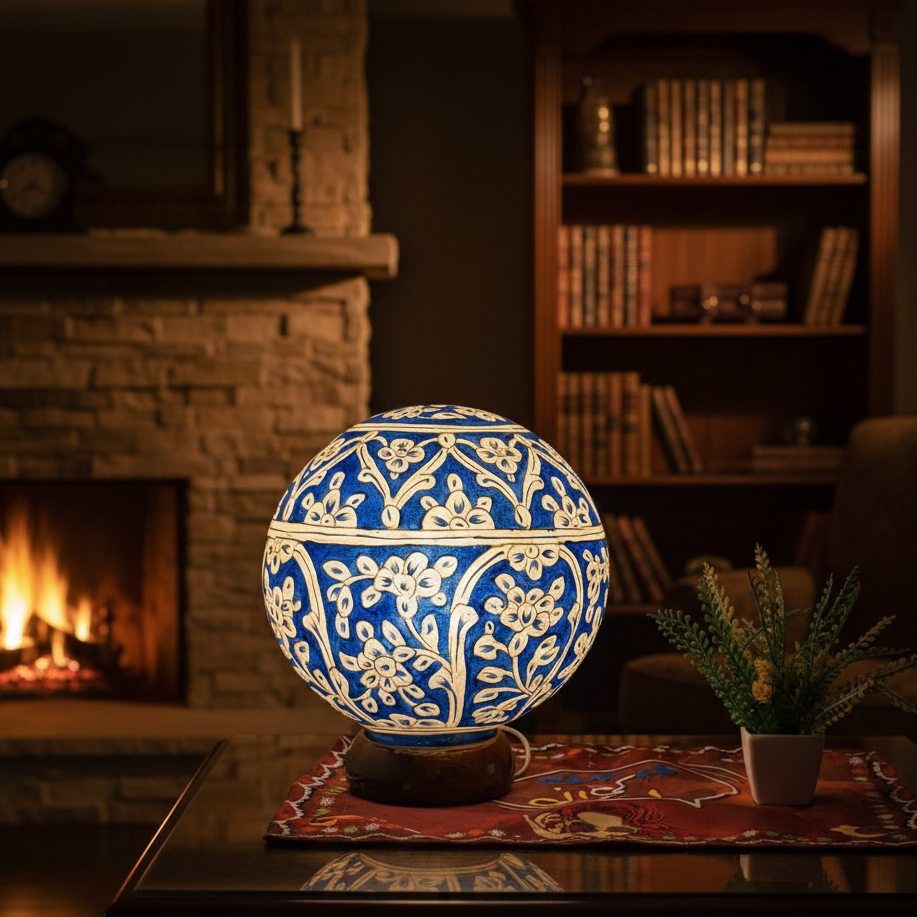 Decorative blue and white spherical lamp on a table with a fireplace and bookshelf in the background