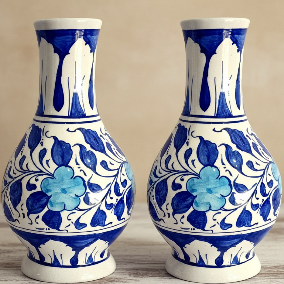 Hand-Painted Blue Floral Ceramic Vases - Set of 2