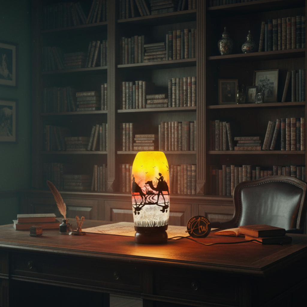 شیشے کی شکل صحرائی منظر اونٹ کی جلد کا لیمپ 8 انچ