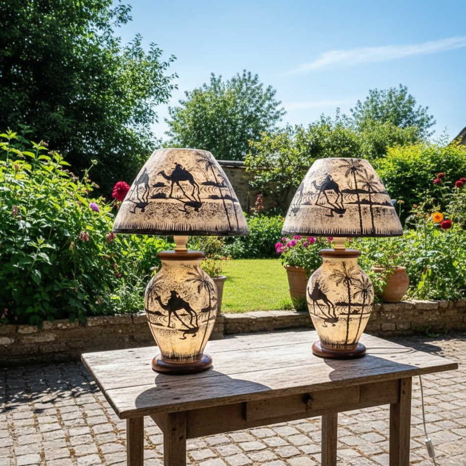 Pair of 2 Hand-Painted White Desert Design Camel Skin Lamp