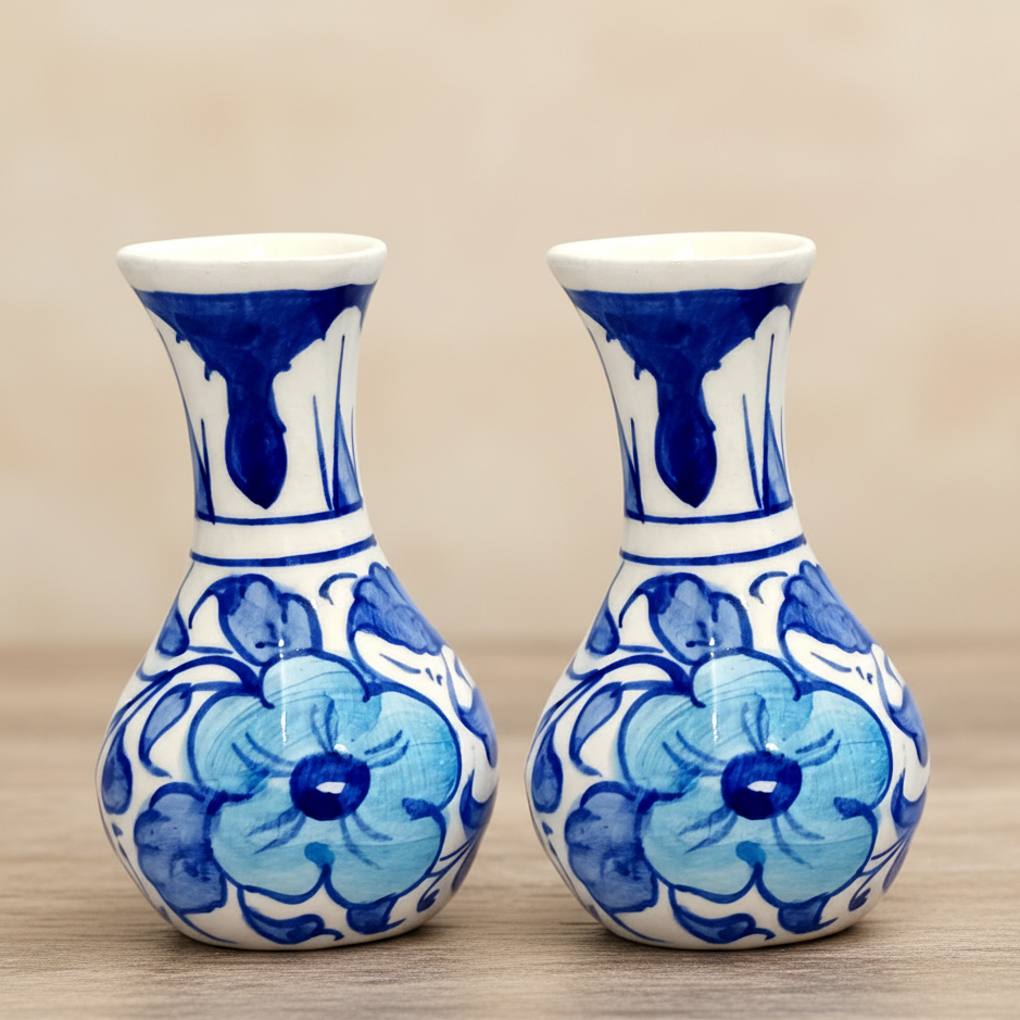 Hand-Painted Blue Floral Ceramic Bud Vases - Set of 2