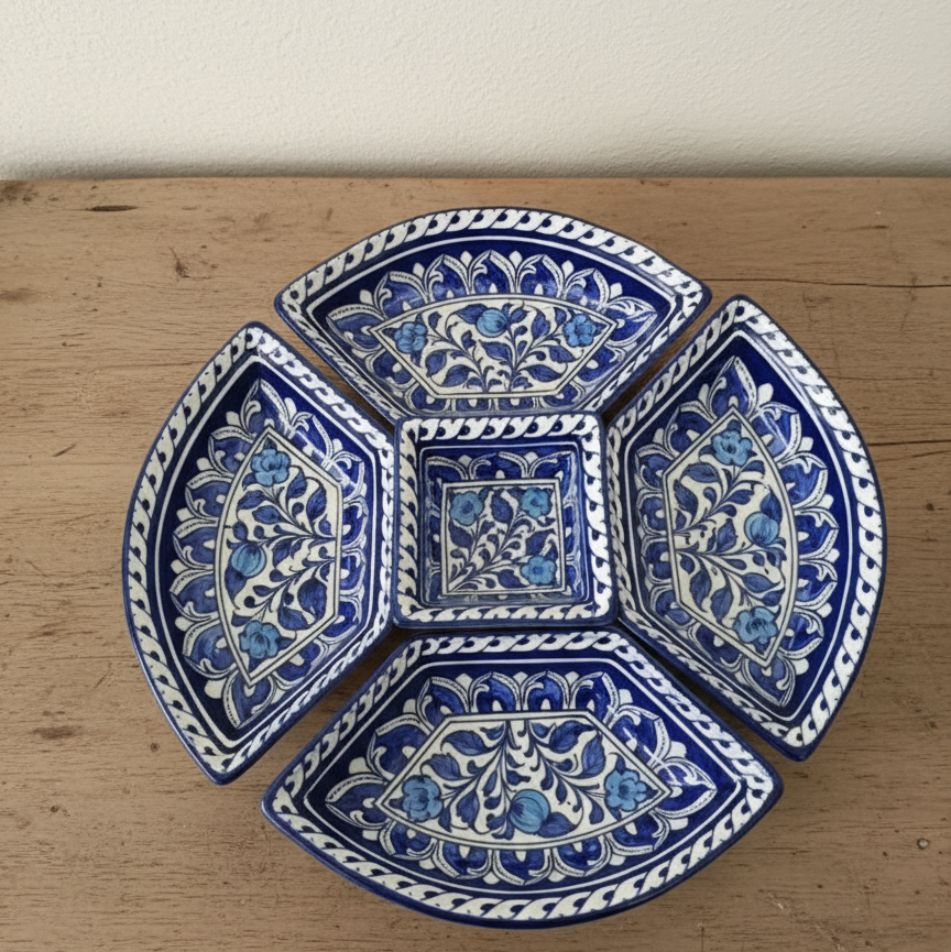 Hand-Painted Blue Ceramic Divided Serving Dish Set (5 Pc)
