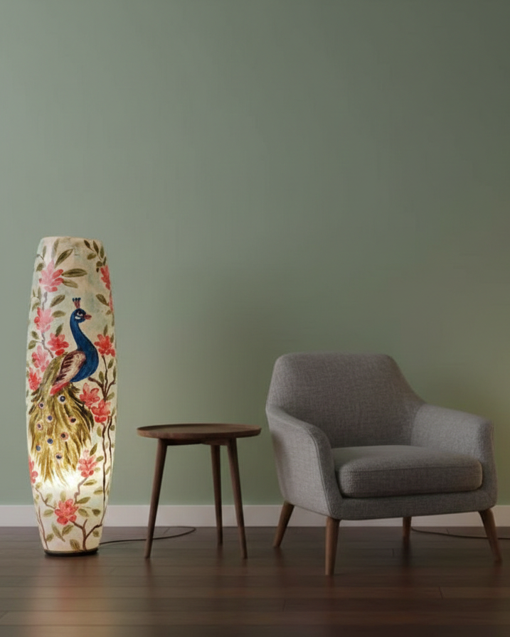 Bottle Shape Peacock Design Camel Skin Lamp 21-inch