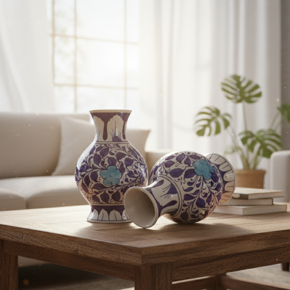 Hand-Painted Blue Pottery Vases (Set of 2) | Ceramic Home Décor