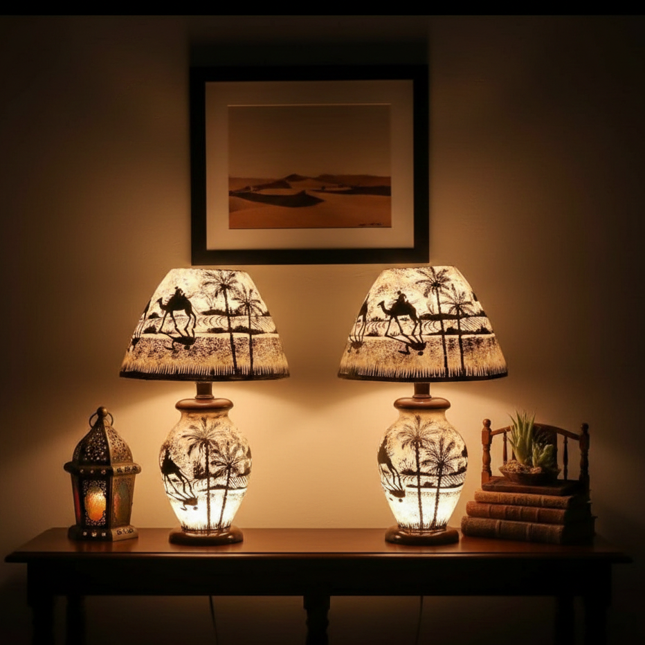 Pair of 2 Hand-Painted White Desert Design Camel Skin Lamp