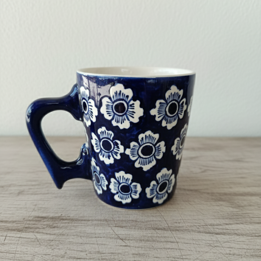 Hand-Painted Blue & White Floral Ceramic Coffee Mug